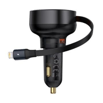 BASEUS Avtomobilski polnilnik USB-A z zložljivim kablom Lightning za iPhone 55W - črn