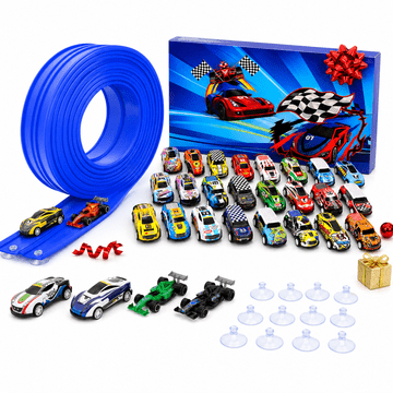 JOJOY® Dirkalna steza 5 m s 4 avtomobilčki in adventnim koledarjem z 24 mini vozili | TURBOBLUECALENDAR