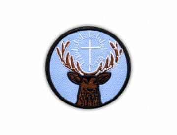 shumee Našitek s simbolom sv. Huberta - svetega zavetnika lovcev, modro ozadje - Podlaga za nalepko z likanjem / toplotnim varjenjem - Vezen našitek/značka/emblem
