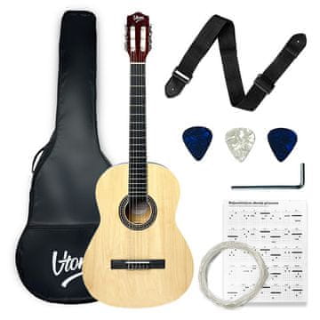 shumee V-TONE CG TWO NT klasična kitara 4/4 naravni les za začetnike, trzalice, pas, rezervne strune, kovček, akordi, nastavitveni ključ, komplet