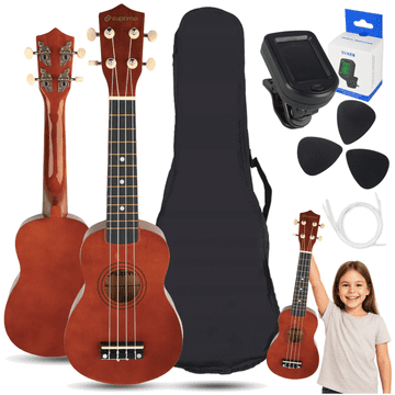 shumee SUPRIMO UK21 SET DW sopranska ukulele 21" temen lesen kovček 3 trzalice rezervne strune uglaševalec učilni komplet za otroke