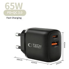 Tech-protect NCA65W GaN omrežni polnilnik USB / USB-C QC PD 65W, črn