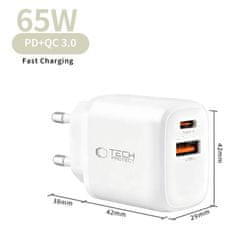 Tech-protect NCA65W GaN omrežni polnilnik USB / USB-C QC PD 65W, bel