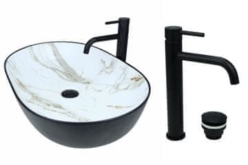 shumee GTM Design Aufsatzwaschbecken 60 cm Matt Set mit Waschtischbatterie und Stopfen - Aufsatzwaschbecken Oval für Badezimmer - Modern Waschbecken ohne Hahnloch - Waschbecken mit Armature