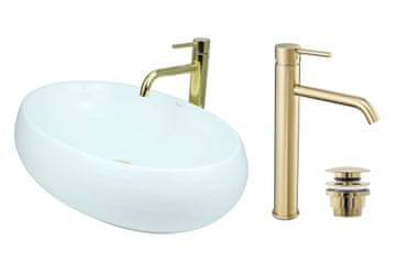 shumee GTM Design Aufsatzwaschbecken 60 cm Glanz Set mit Waschtischbatterie und Stopfen - Aufsatzwaschbecken Oval für Badezimmer - Modern Waschbecken ohne Hahnloch - Waschbecken mit Armature