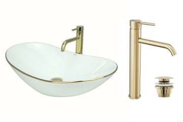 shumee GTM Design Aufsatzwaschbecken 62 cm Glanz Set mit Waschtischbatterie und Stopfen - Aufsatzwaschbecken Oval für Badezimmer - Modern Waschbecken ohne Hahnloch - Waschbecken mit Armature