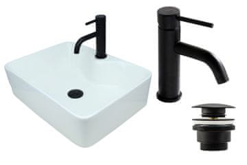 shumee GTM Design Aufsatzwaschbecken 41 cm Glanz Set mit Waschtischbatterie und Stopfen - Aufsatzwaschbecken Rechteckiges für Badezimmer - Modern Waschbecken ohne Hahnloch - Waschbecken mit Armature