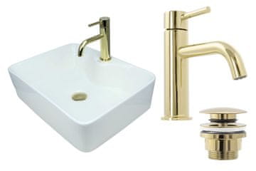 shumee GTM Design Aufsatzwaschbecken 41 cm Glanz Set mit Waschtischbatterie und Stopfen - Aufsatzwaschbecken Rechteckiges für Badezimmer - Modern Waschbecken ohne Hahnloch - Waschbecken mit Armature