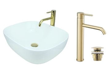 shumee GTM Design Aufsatzwaschbecken 50 cm Glanz Set mit Waschtischbatterie und Stopfen - Aufsatzwaschbecken Oval für Badezimmer - Modern Waschbecken ohne Hahnloch - Waschbecken mit Armature