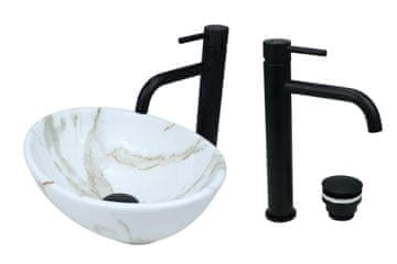 shumee GTM Design Aufsatzwaschbecken 34 cm Glanz Set mit Waschtischbatterie und Stopfen - Aufsatzwaschbecken Oval für Badezimmer - Modern Waschbecken ohne Hahnloch - Waschbecken mit Armature
