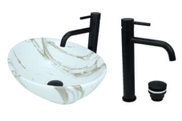 shumee GTM Design Aufsatzwaschbecken 41 cm Glanz Set mit Waschtischbatterie und Stopfen - Aufsatzwaschbecken Oval für Badezimmer - Modern Waschbecken ohne Hahnloch - Waschbecken mit Armature