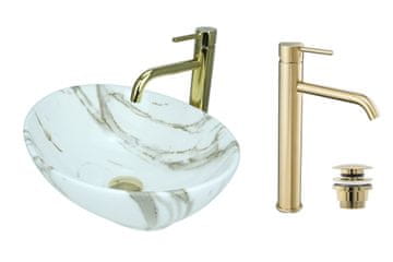 shumee GTM Design Aufsatzwaschbecken 41 cm Glanz Set mit Waschtischbatterie und Stopfen - Aufsatzwaschbecken Oval für Badezimmer - Modern Waschbecken ohne Hahnloch - Waschbecken mit Armature