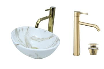 shumee GTM Design Aufsatzwaschbecken 34 cm Glanz Set mit Waschtischbatterie und Stopfen - Aufsatzwaschbecken Oval für Badezimmer - Modern Waschbecken ohne Hahnloch - Waschbecken mit Armature