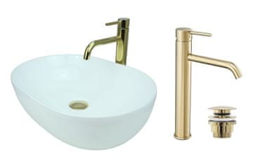 shumee GTM Design Aufsatzwaschbecken 49 cm Glanz Set mit Waschtischbatterie und Stopfen - Aufsatzwaschbecken Oval für Badezimmer - Modern Waschbecken ohne Hahnloch - Waschbecken mit Armature