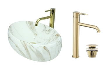 shumee GTM Design Aufsatzwaschbecken 48 cm Matt Set mit Waschtischbatterie und Stopfen - Aufsatzwaschbecken Oval für Badezimmer - Modern Waschbecken ohne Hahnloch - Waschbecken mit Armature