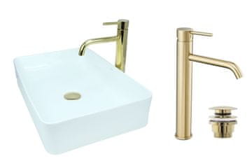 shumee GTM Design Aufsatzwaschbecken 51 cm Glanz Set mit Waschtischbatterie und Stopfen - Aufsatzwaschbecken Rechteckiges für Badezimmer - Modern Waschbecken ohne Hahnloch - Waschbecken mit Armature