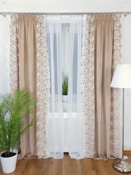 shumee Bež žametna zavesa z belim cvetličnim vezenjem 135x250 cm na traku
