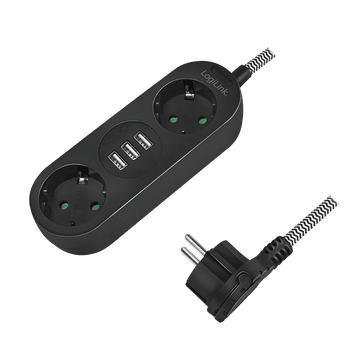 shumee 2-smerni podaljšek, 2x CEE 7/3 + 3x USB-A, tekstilni kabel, črne barve