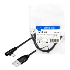 shumee Kabel USB 2.0 tipa C (90°) na USB-A, 0,3 m, črne barve, s tkanino - LogiLink CU0137