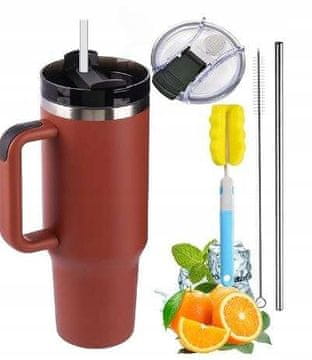 shumee Termo vrček s slamico 1200 ml z ročajem bordo, komplet dodatkov