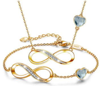 shumee Darilni komplet Gold Infinity s kubičnim cirkonom - ogrlica in zapestnica - srebro 925 - pozlačeno s 24-karatnim zlatom - svetli safir