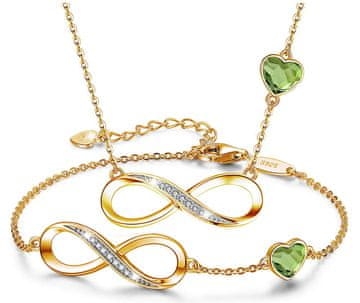 shumee Darilni komplet Gold Infinity s kubičnim cirkonom - ogrlica in zapestnica - srebro 925 - pozlačeno s 24-karatnim zlatom - peridot