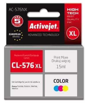 ActiveJet Nadomestna črnila ACJ Supreme za Canon CL-576XL, 15 ml, modra/rdeča/rumena