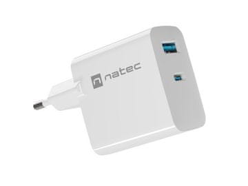 NAT NATEC RIBERA GAN polnilec 1x USB-A + 1x USB-C 65W, črn/bel