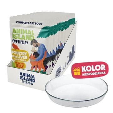 Animal ANIMAL ISLAND mokra hrana za mačke, piščanec z jetri v omaki, 12x85g + krožnik