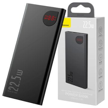 BASEUS Adaman kovinska prenosna baterija, 10000 mAh, 2x USB, USB-C, Lightning, MicroUSB 22,5 W (črna)