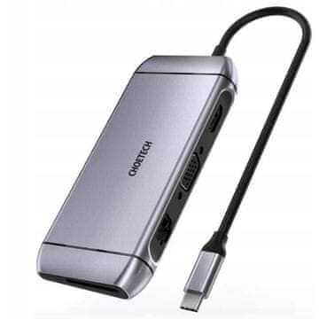 Choetech 9-v-1 večfunkcijski USB tip C HUB - 3x USB 3.2 Gen 1 / bralnik SD in TF kartic / HDMI 4K 30Hz / VGA Full HD 60Hz / USB tip C / RJ45 siv (HUB-M15 siv)