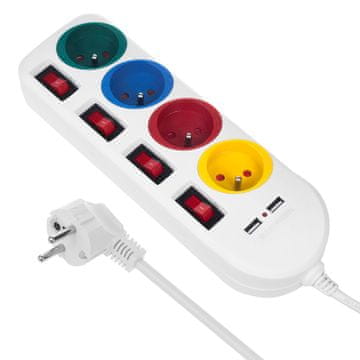 Maclean Maclean razdelilnik moči MCE229W, 4 vtičnice + 2xUSB, stikala, 1.5m, bela