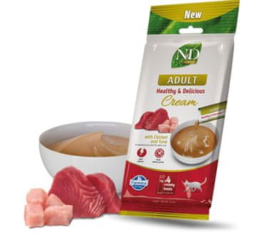 Farmina N&D Prime mačja poslastica v kremi, piščanec in tuna, za odrasle mačke, 4x15g