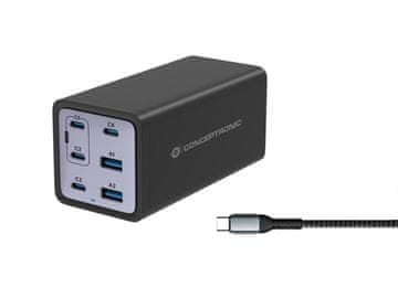 Conceptronic Conceptronic 200W GaN polnilnik, 6-portni USB-C/USB-A, PD 3.1, QC 3.0