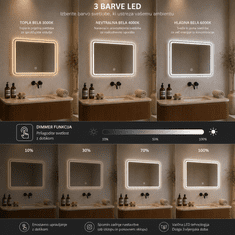 S6 Steklarstvo Šest LED ogledalo S64A, 120x60cm / 60x120cm, 3 barve LED, antifog, dimmer, touch stikalo