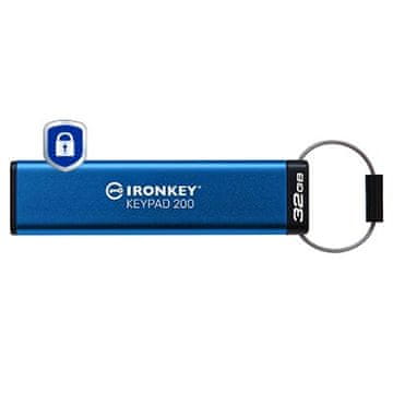KIN Kingston IronKey Keypad 200 USB ključek 32GB, AES-256 šifriranje, modra