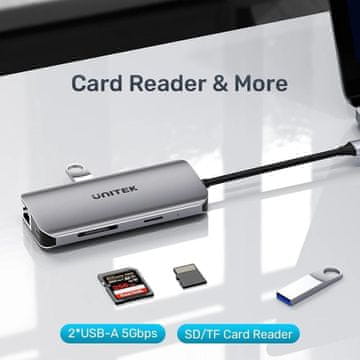 Unitek UNITEK ACTIVE HUB USB-C 2x HDMI 4K, RJ45, PD 100W, aluminij