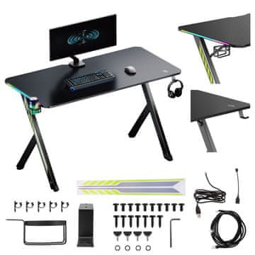 NanoRS NanoRS RS102 Gaming miza, črna, RGB, držalo za slušalke in skodelico, 120x60x75cm