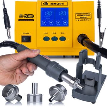 Rosfix AirFlow X 1300W LCD zaslon na dotik TurboPro - spajkalna postaja na vroč zrak SMD | 3 kanali | zaslon na dotik | brezkrtačna turbina | samodejno spanje | brez svinca