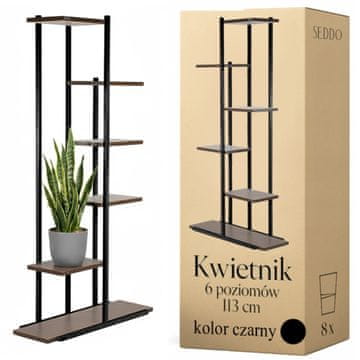 Kovinsko stojalo za rože, 6 polic, črno, moderno, 113 cm, višina podstrešja