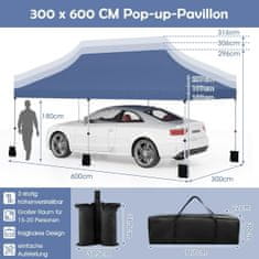 Northix Pop-up šotor z baldahinom 300x600 cm, moder, nastavljiva višina