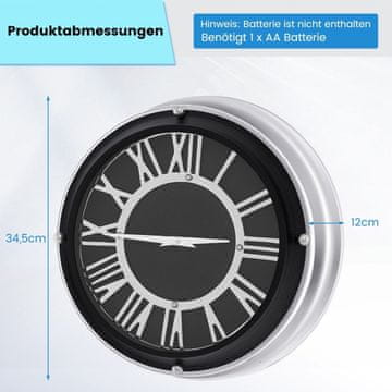 Northix Ø 34,5 cm tiha stenska ura s srebrnim okvirjem & Rimska številčnica brez tiktakanja - Ø 34,5 cm