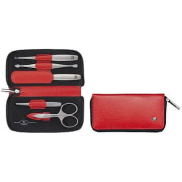 slomart Zwilling Twinox potovalni set za manikuro, 5 kosov, rdeča usnjena torbica