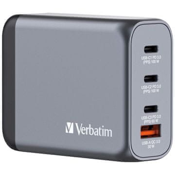 Verbatim Verbatim GNC-100 GaN polnilnik, 4 vrata, 100W, USB A/C