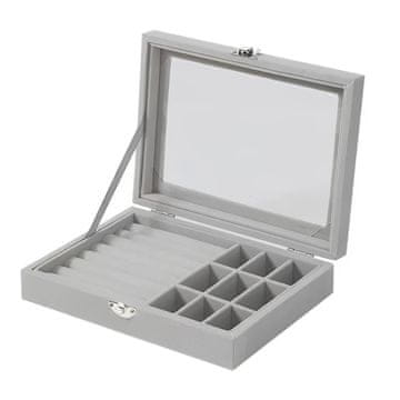 Northix Herzberg HG-05361: Žametni organizator nakita s steklenim pokrovom, 9 rešetk + 7 rež za prstane