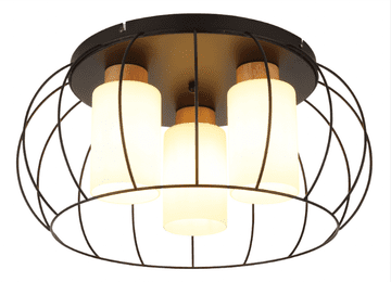 Globo moderna stropna svetilka z lesenimi detajli in 3×E27 črna/opalo steklo, Ø 50 cm