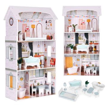Northix Hiša za punčke Alice - 3 nadstropja, 4 sobe, komplet z 9 pohištvenimi deli ECOTOYS