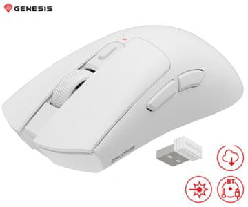 Genesis ZIRCON 880 brezžična miška, gaming/pisarniška, 12.000DPI, USB 2.4GHz/Bluetooth/USB-C, 6 gumbov, Kailh Optical stikala, bela
