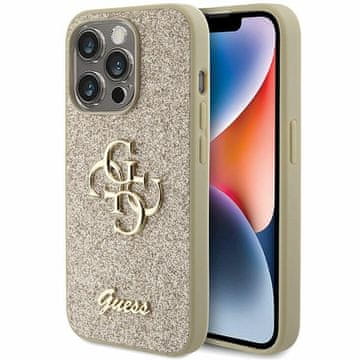 Guess Ovitek Glitter Script 4G za iPhone 15 Pro, zlat