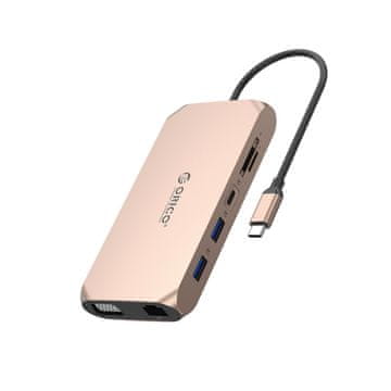 Orico Orico XCR 12v1 USB-C Docking Station, 3x USB-A 3.1, HDMI 4K 30Hz, VGA 1080p, PD 100W, roza zlata